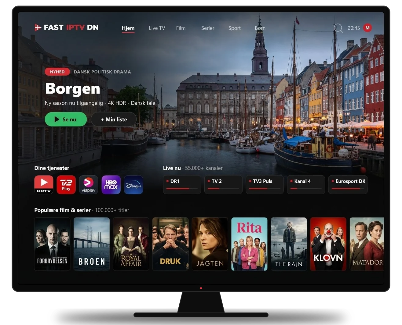 FASTIPTVDN-appen på et Smart TV: dansk drama, live-kanaler som DR1 og TV 2 samt populære danske film og serier